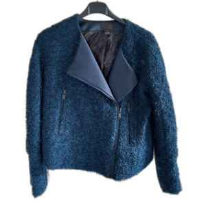 J Crew Collection Moto Jacket Boucle Silk Zip Up Womens 2 XS Blue Black Luxury